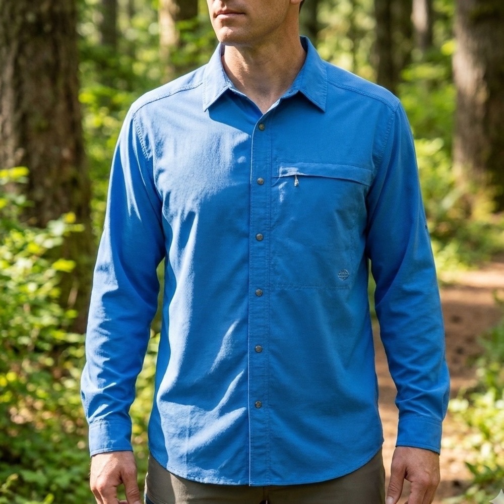 ExOfficio Mens Blue Micro Stripe Long Sleeve Roll Up Hiking Shirt Medium Vent